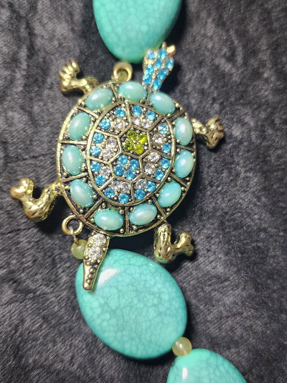 Turquoise Turtle Pendant Necklace - Blue & Gold Statement Jewelry